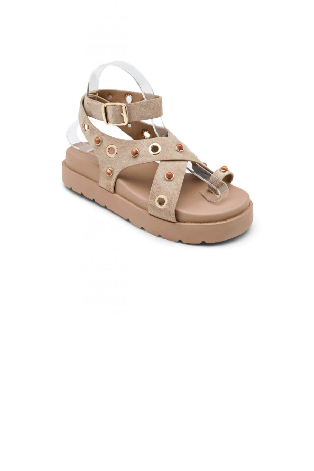 Khaki Suede Flatform Sandals with Metallic Eyelet Detail