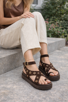 Brown Suede Flatform Sandals with Metallic Eyelet Detail