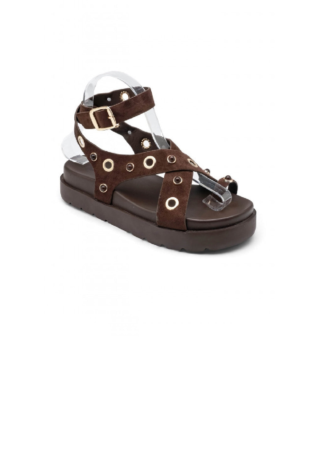 Brown Suede Flatform Sandals with Metallic Eyelet Detail