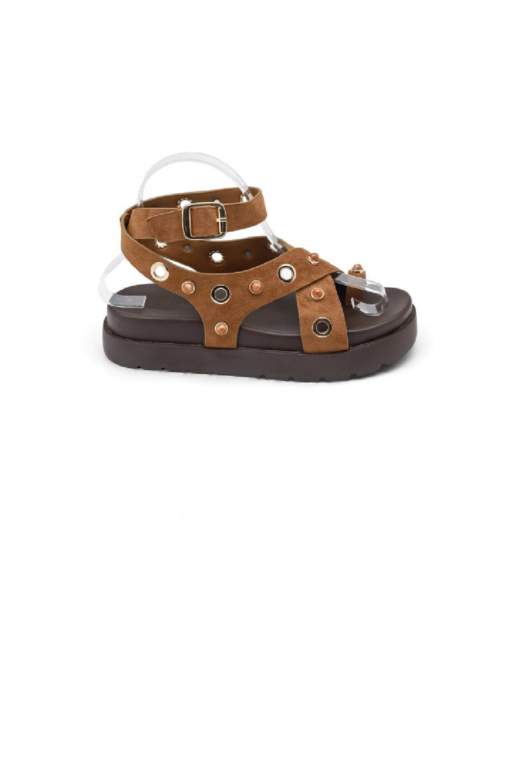 Camel Suede Flatform Sandals with Metallic Eyelet Detail