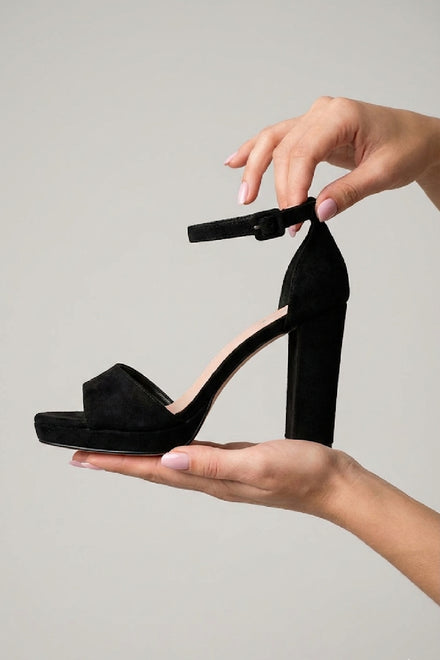 Women's Ankle Strap Block Heel Platform Sandals in Black Suede
