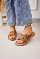 SLIP ON SANDALS CRISSCROSS BAND STRAP FLIP FLOP SLIDERS IN LEOPARD