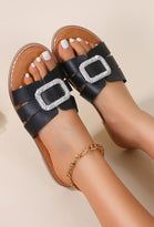 BLACK FLAT SILVER BUCKLED RHINSTONE SUMMER SANDALS