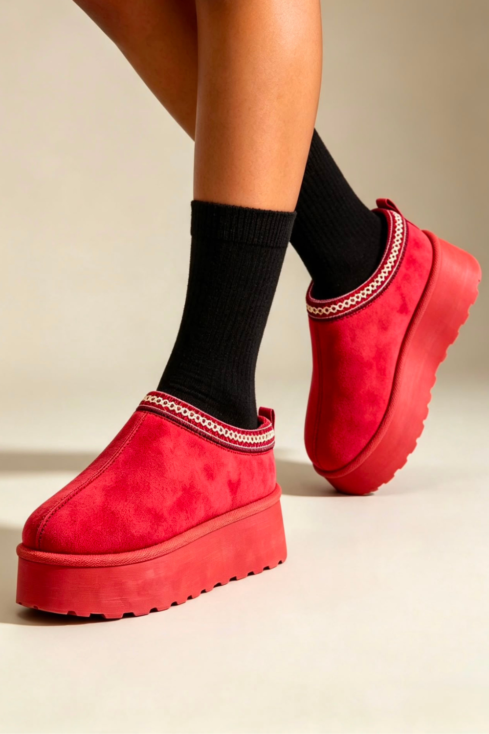 Red Suede Aztec Faux Fur Platform Slipper Boots