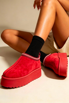 Red Suede Aztec Faux Fur Platform Slipper Boots