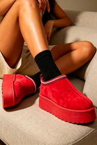 Red Suede Aztec Faux Fur Platform Slipper Boots