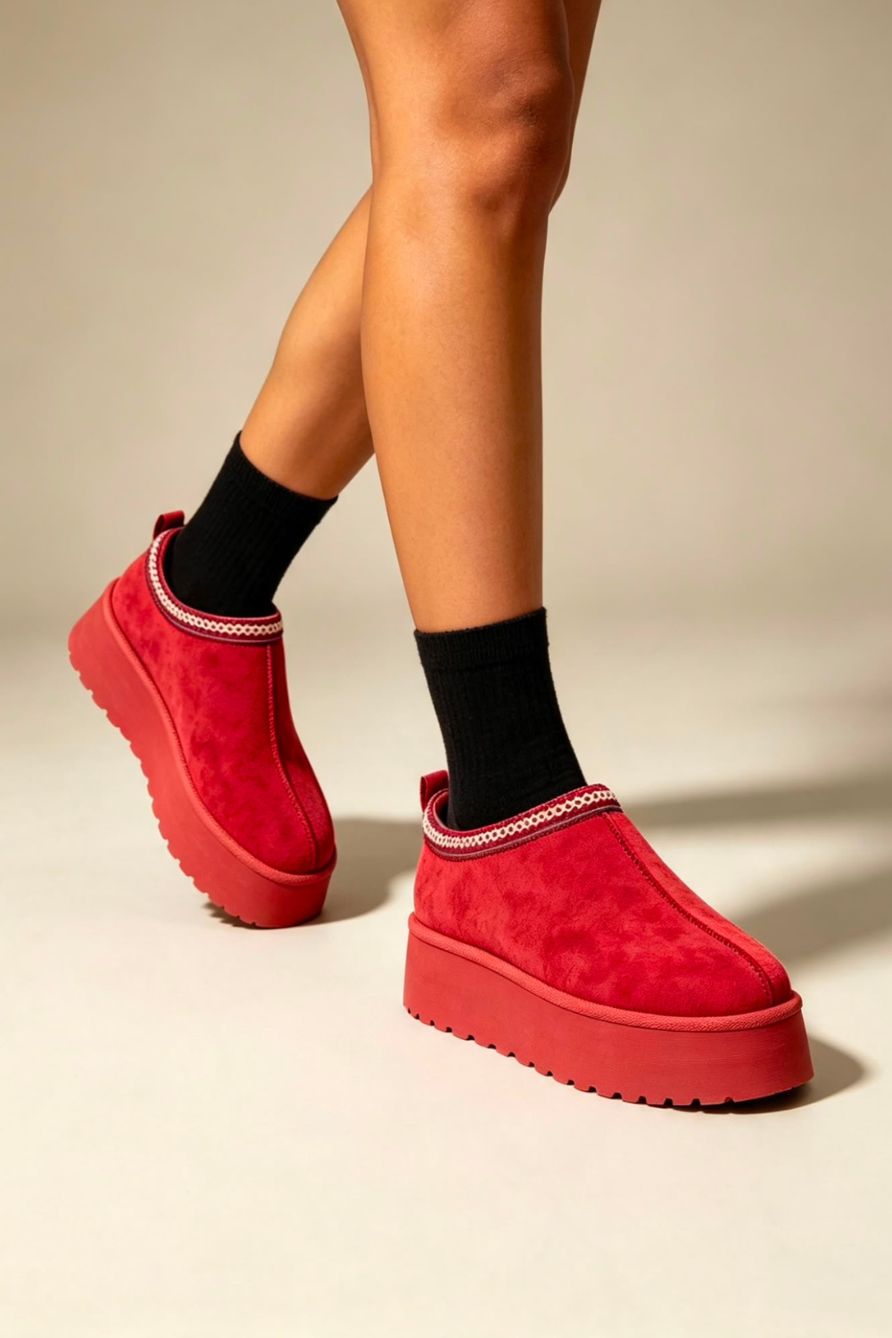 Red Suede Aztec Faux Fur Platform Slipper Boots