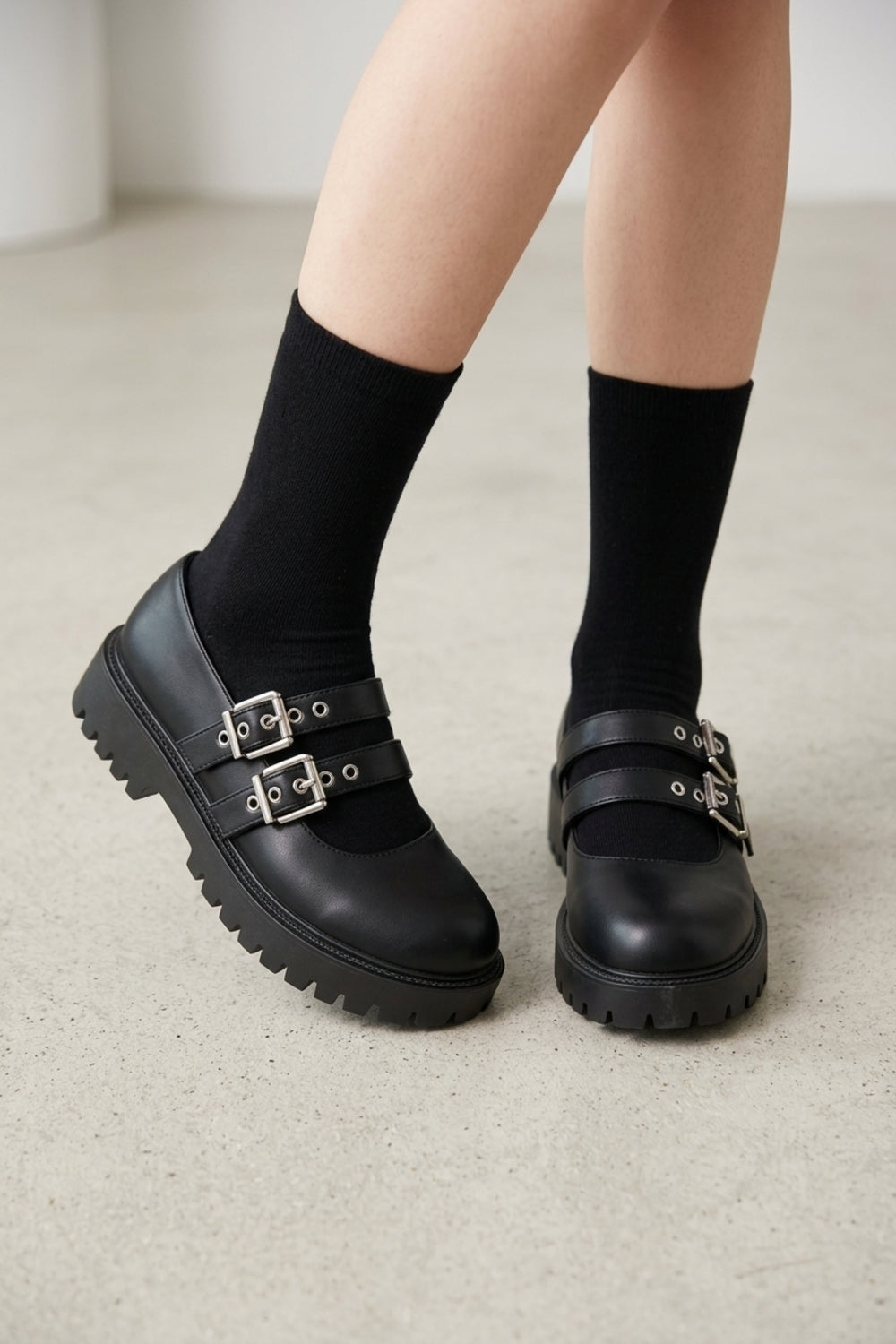 Women's Black Pu Double-Buckle Chunky Platform Mary Jane Shoes