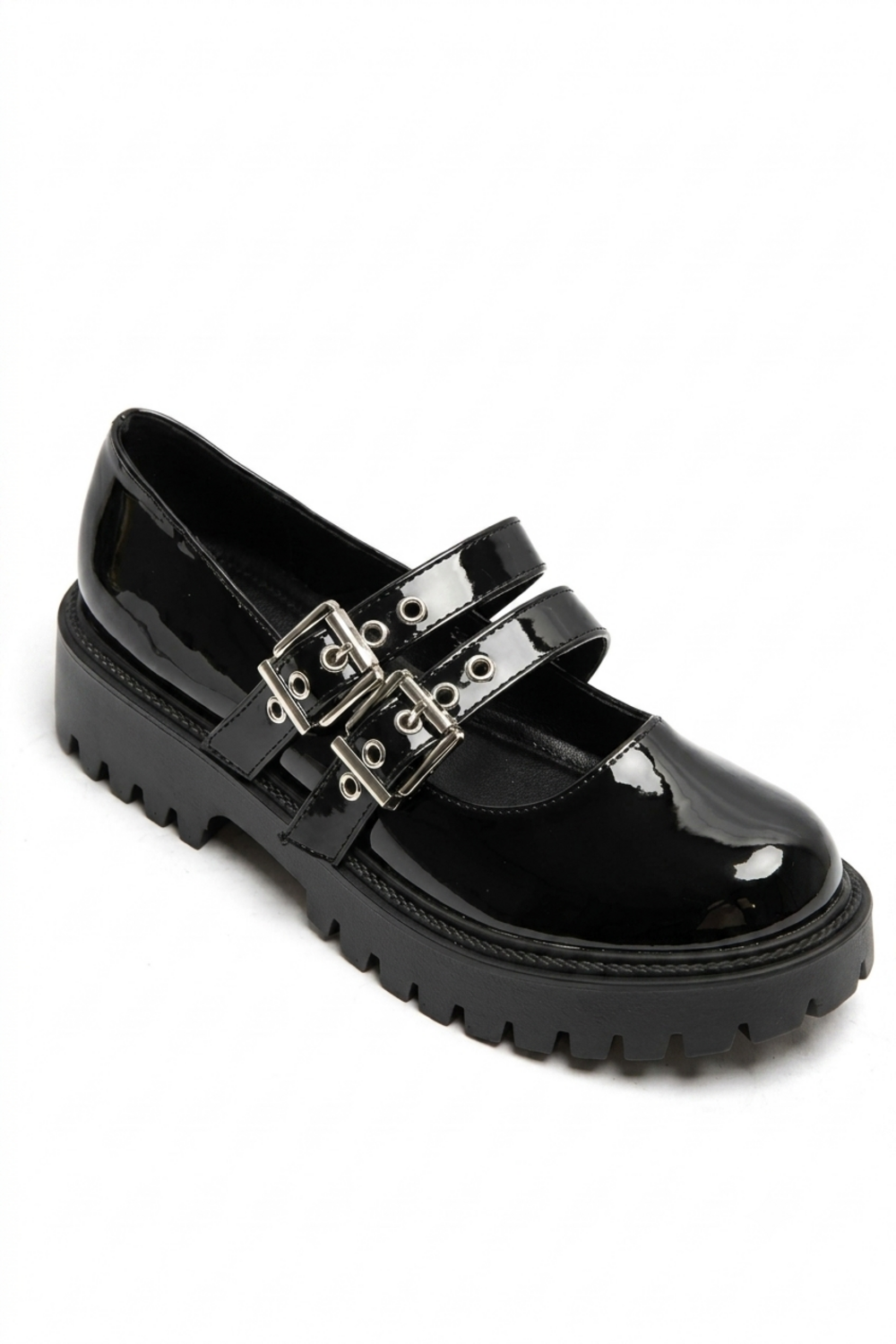 Women's Black Patent Double-Buckle Chunky Platform Mary Jane Shoes