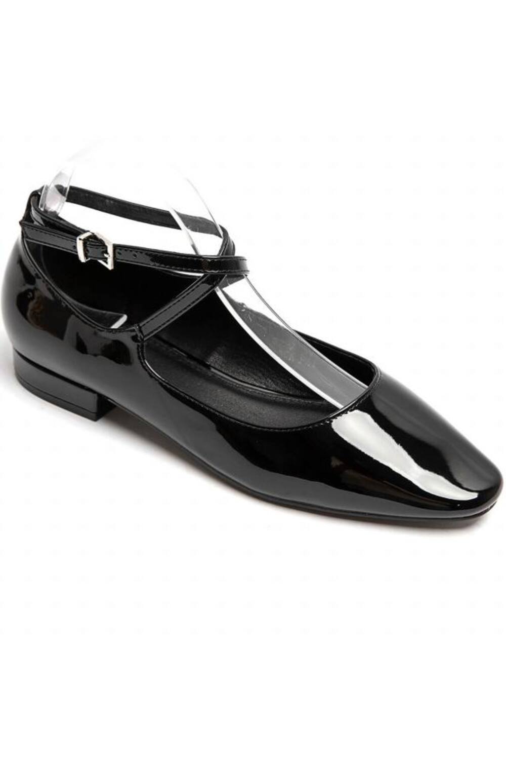 Women’s Black Patent Ankle-Strap Ballet Pumps Classic Square Toe Flats