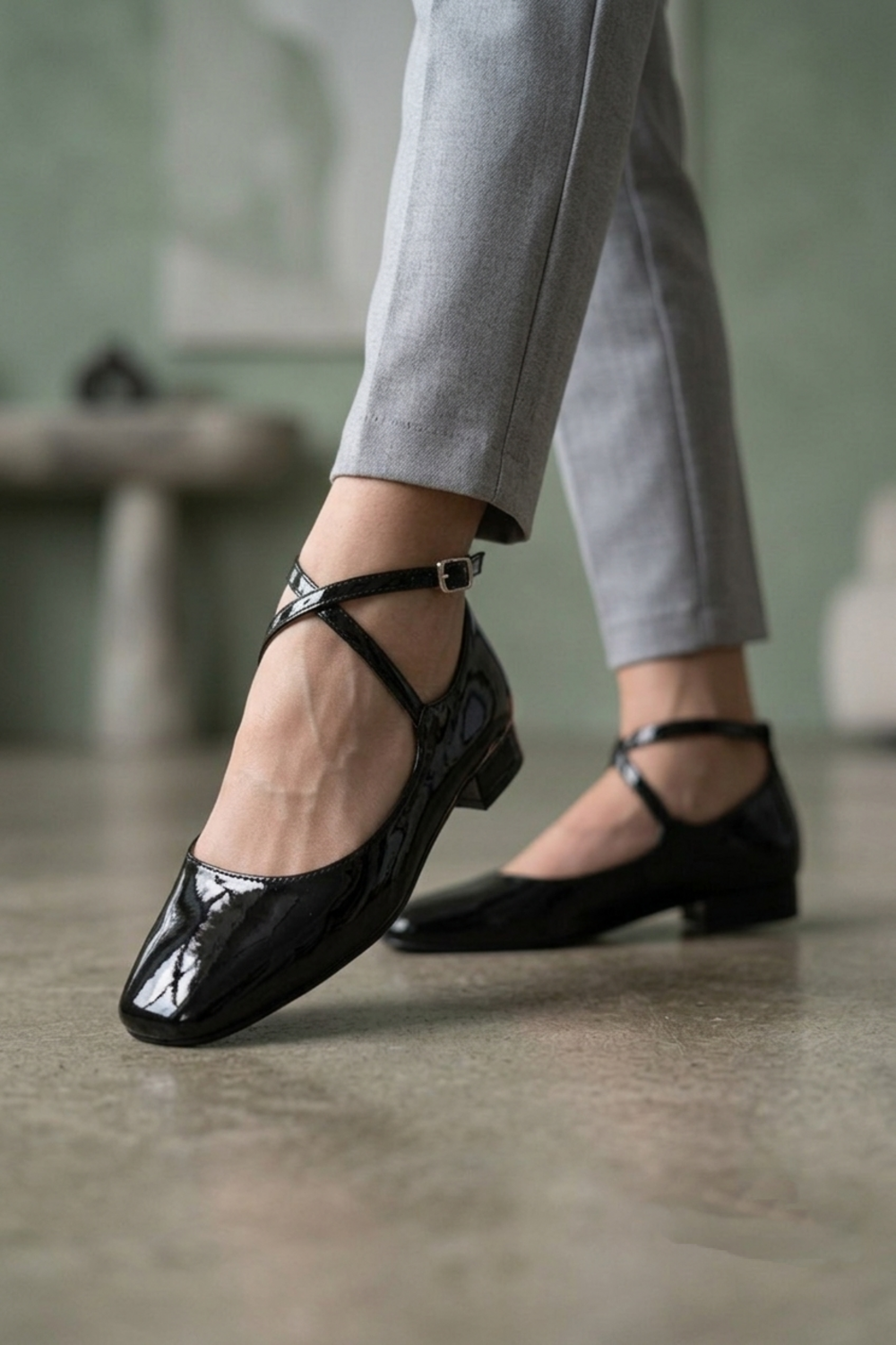 Women’s Black Patent Ankle-Strap Ballet Pumps Classic Square Toe Flats