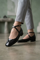 Women’s Black Patent Ankle-Strap Ballet Pumps Classic Square Toe Flats