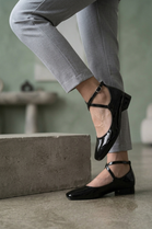 Women’s Black Patent Ankle-Strap Ballet Pumps Classic Square Toe Flats