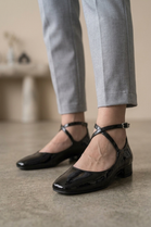 Women’s Black Patent Ankle-Strap Ballet Pumps Classic Square Toe Flats