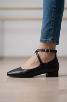 Women’s Black Pu Ankle-Strap Ballet Pumps Classic Square Toe Flats