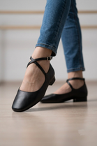 Women’s Black Pu Ankle-Strap Ballet Pumps Classic Square Toe Flats