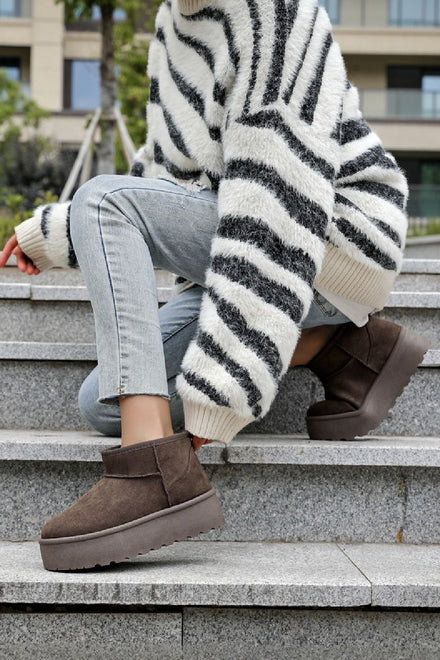BROWN ULTRA MINI PLATFORM FAUX FUR LINED ANKLE BOOTS