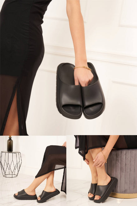 BLACK PLATFORM SLIP ON SLIDES SUMMER SANDALS