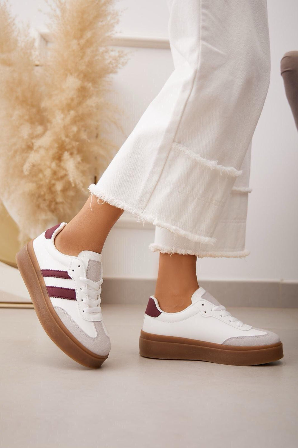 WINE RED WHITE LACE UP CHUNKY SIDE DETAIL DESIGNER SNEAKERS TRAINERS
