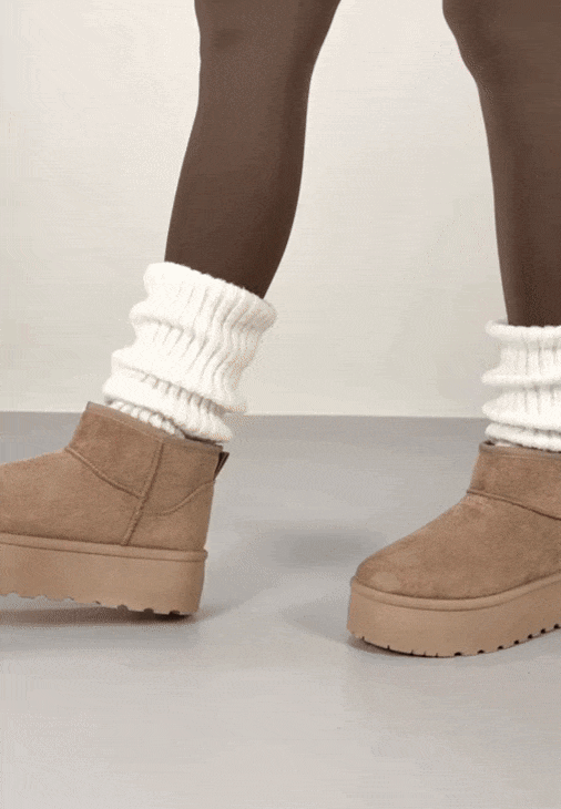 Camel Suede Faux Fur Ultra Mini Platform Ankle Boots