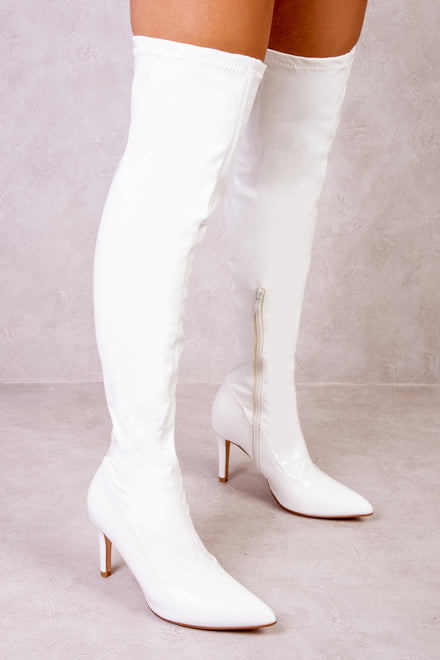 OVER THE KNEE STILETTO HEELED BOOT IN WHITE PATENT