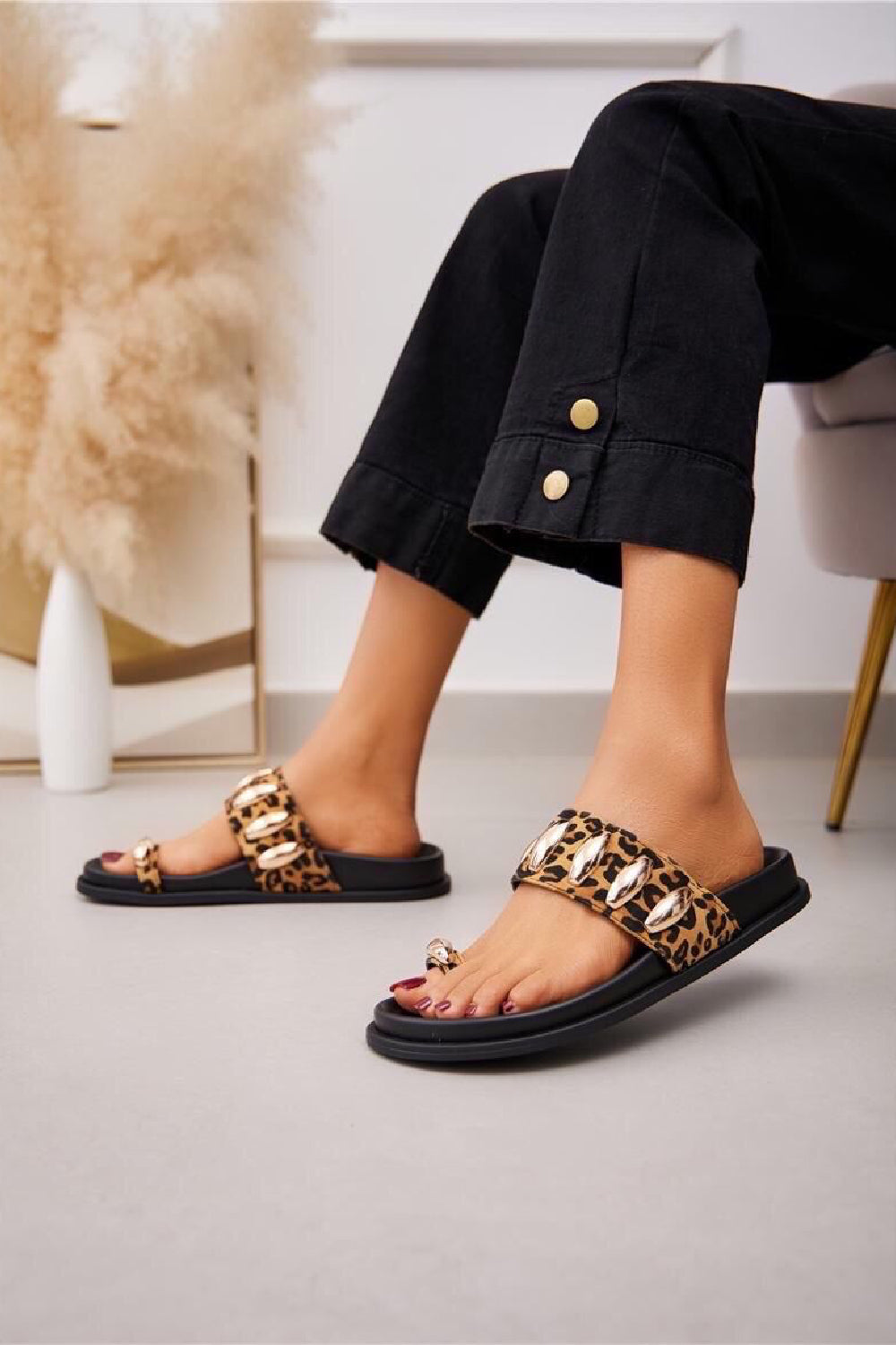 LEOPARD PRINT LOW PLATFORM SLIP ON FLAT GOLD METAL DECOR FOOTBED SANDALS SLIDES MULES