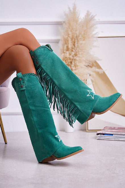 GREEN FRINGE DETAIL COWBOY BOOTS KNEE HIGH WESTERN BOOTS
