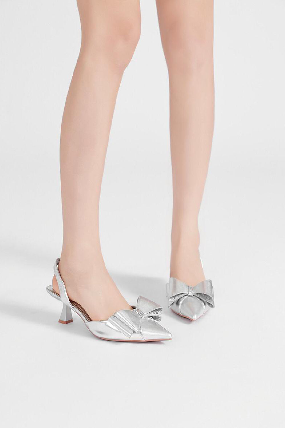 SILVER BOW DETAIL KITTEN HEELS SLING BACK PARTY SANDALS