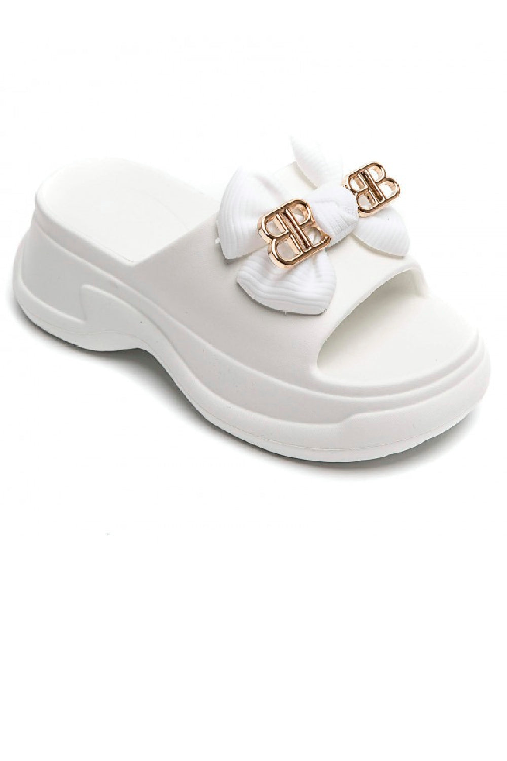 WHITE BOW DETAIL FLIP FLOPS SLIP ON PLATFORM SLIDERS SANDALS