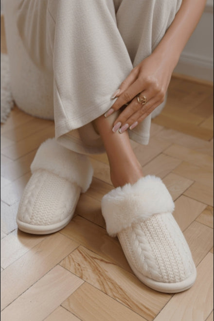 Beige Knit Faux Fur Lined Cosy Mule Slippers