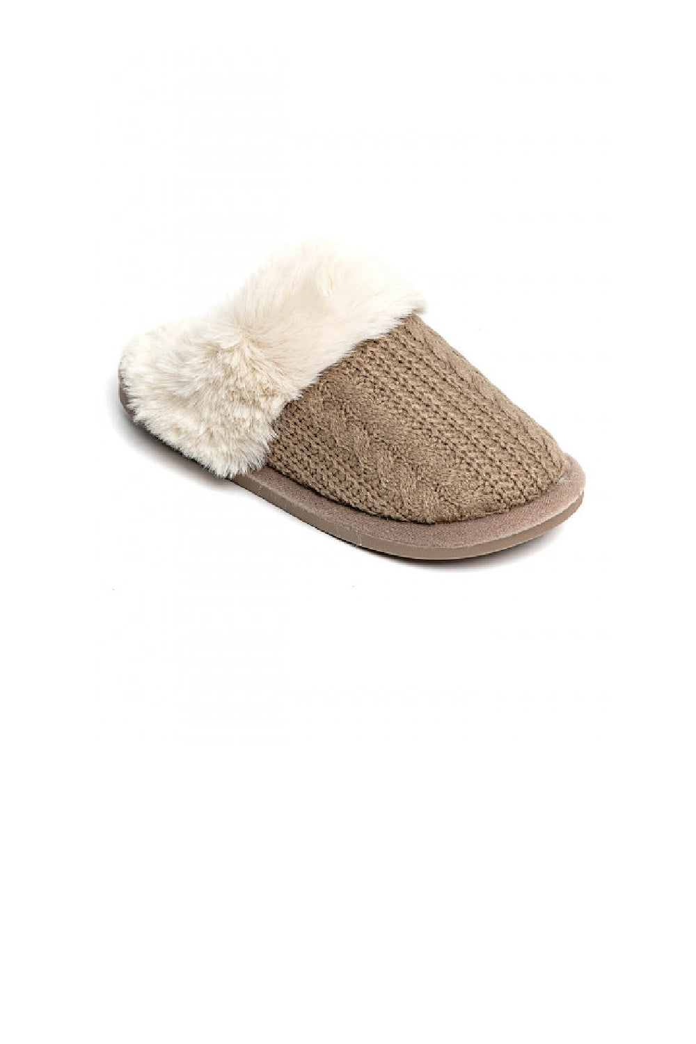 Camel Knit Fabric Faux Fur Lined Cosy Winter Slippers