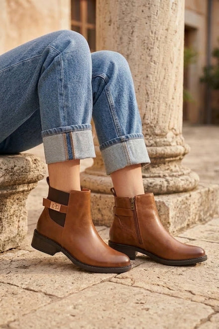 Women’s Camel Leather-Look Ankle Boots with Buckle Detail & Block Heel