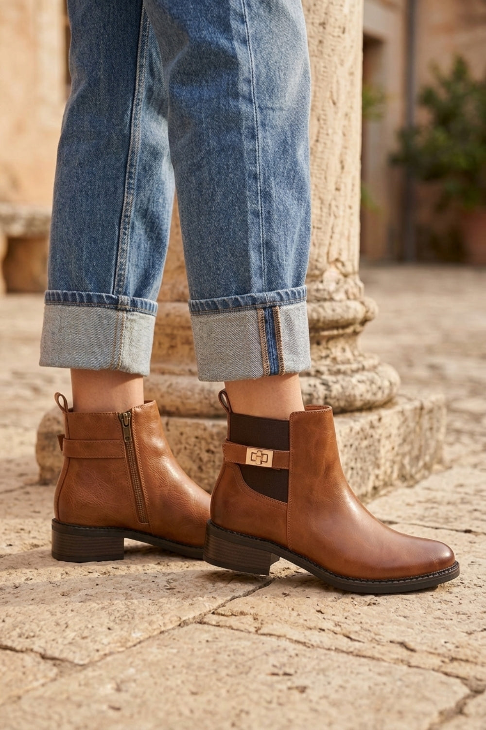 Women’s Camel Leather-Look Ankle Boots with Buckle Detail & Block Heel