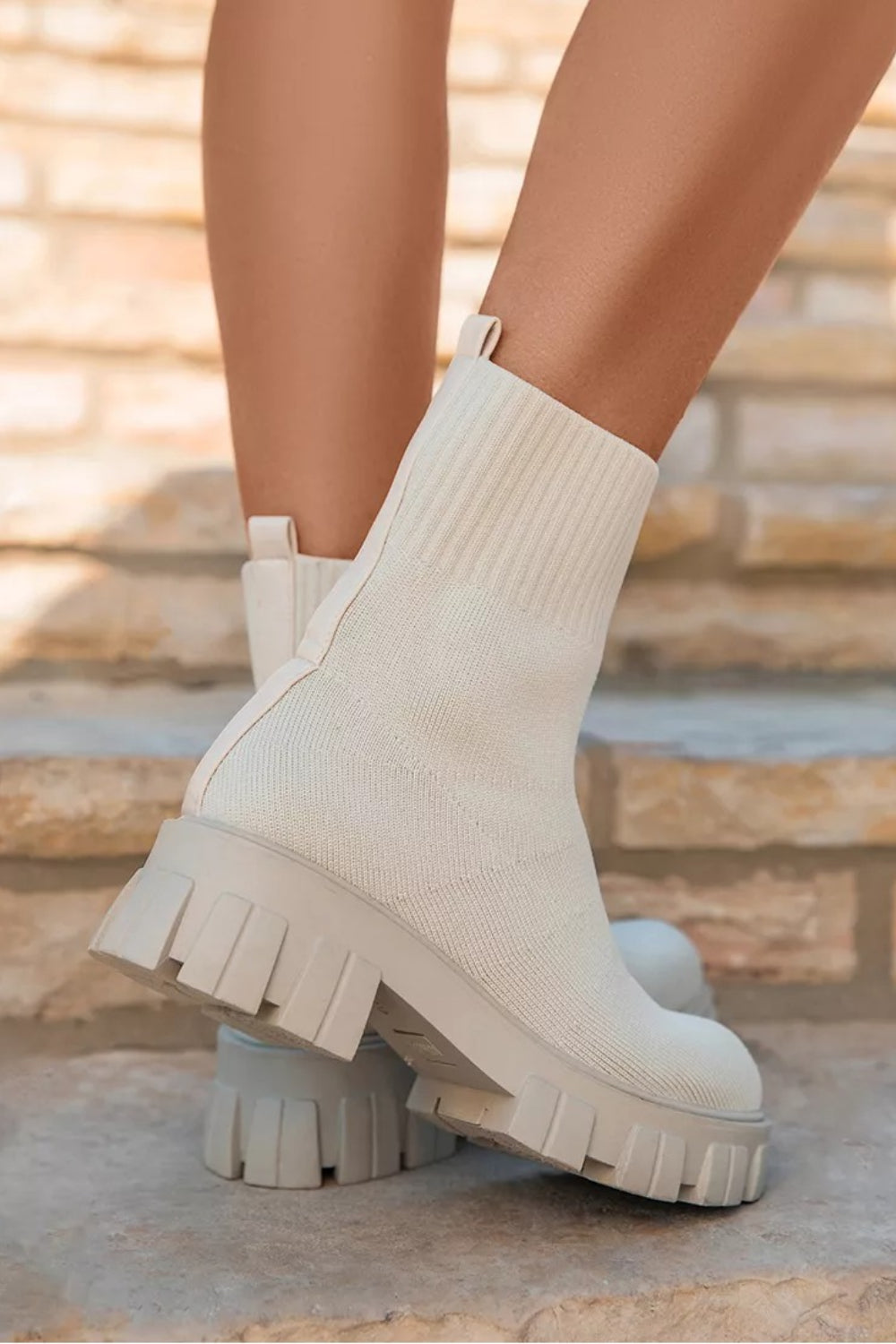 Cream Knitted Sock Pull On Chunky Ankle Boot