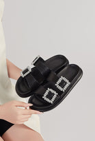 BLACK SPARKLY FLATS CRYSTAL BUCKLE DOUBLE BOW SANDALS