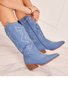 JENAS BLUE BLOCK HEEL EMBROIDERED WESTERN COWBOY KNEE HIGH BOOTS