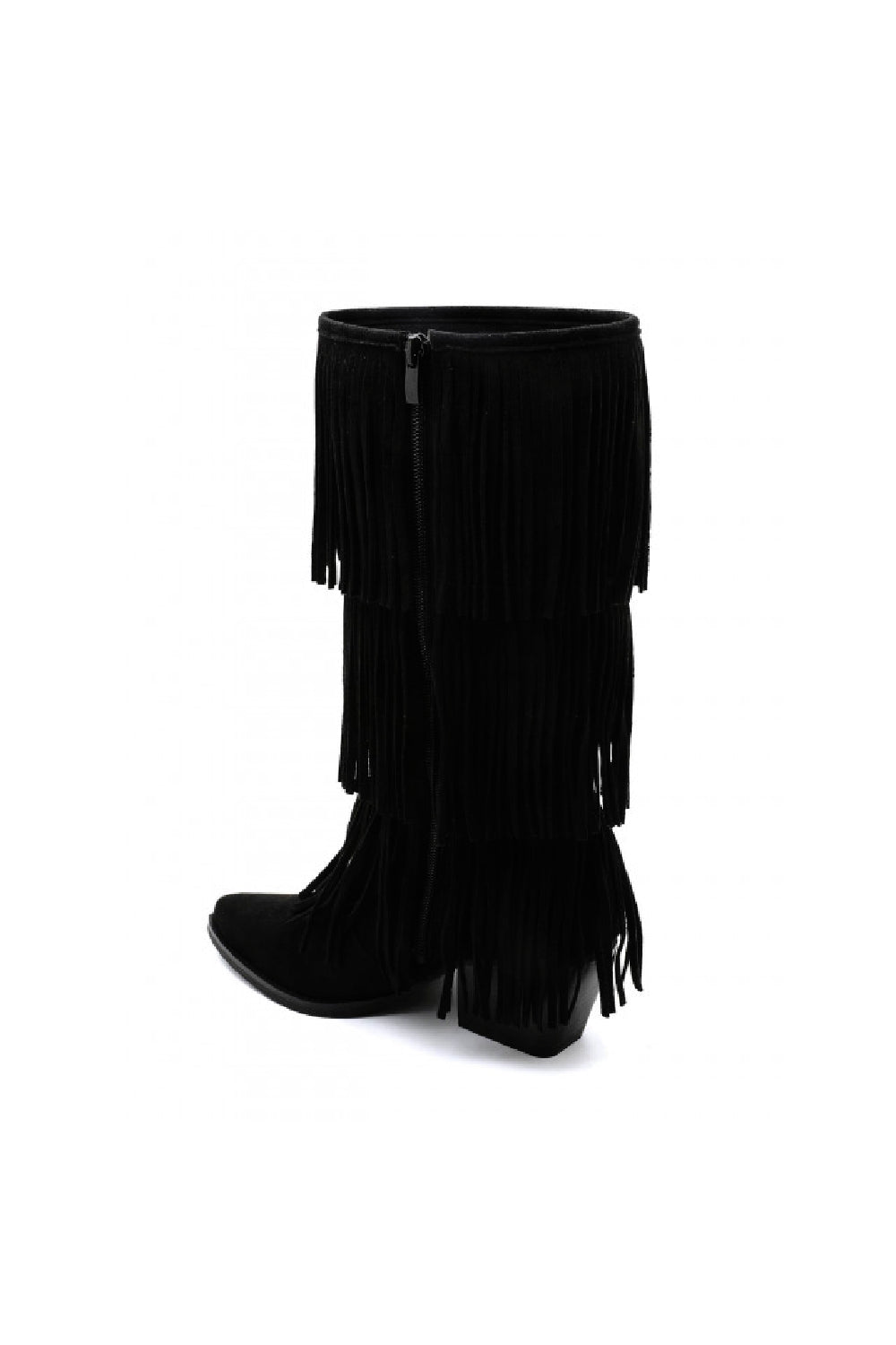 BLACK BLOCK HEEL FRINGE DETAIL DESIGNER COWBOY WESTERN KNEE HIGH BOOTS