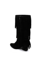 BLACK BLOCK HEEL FRINGE DETAIL DESIGNER COWBOY WESTERN KNEE HIGH BOOTS