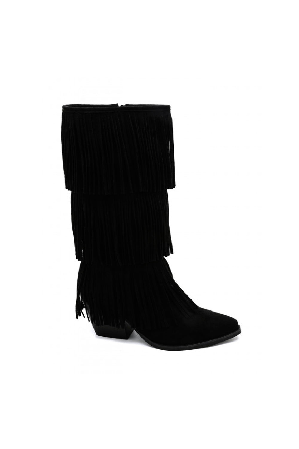 BLACK BLOCK HEEL FRINGE DETAIL DESIGNER COWBOY WESTERN KNEE HIGH BOOTS