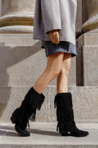 BLACK BLOCK HEEL FRINGE DETAIL DESIGNER COWBOY WESTERN KNEE HIGH BOOTS