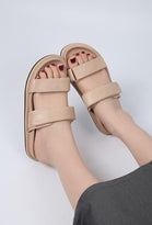 DOUBLE STRAP FLAT SLIDER SANDALS IN BEIGE