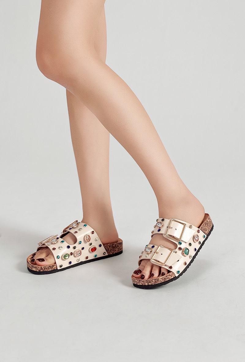 BEIGE WESTERN MULTI STUDDED BUCKLED SANDALS
