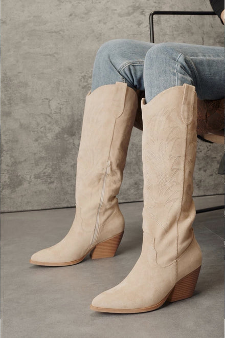 WOMEN'S BEIGE EMBROIDERY STITCH DETAIL WESTREN FESTIVAL COWBOY KNEE HIGH BOOTS