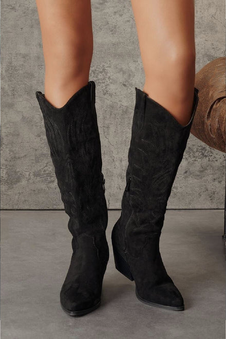WOMEN'S BLACK EMBROIDERY STITCH DETAIL WESTREN FESTIVAL COWBOY KNEE HIGH BOOTS