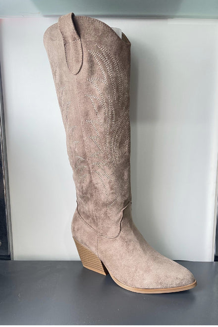 WOMEN'S TAUPE EMBROIDERY STITCH DETAIL WESTREN FESTIVAL COWBOY KNEE HIGH BOOTS