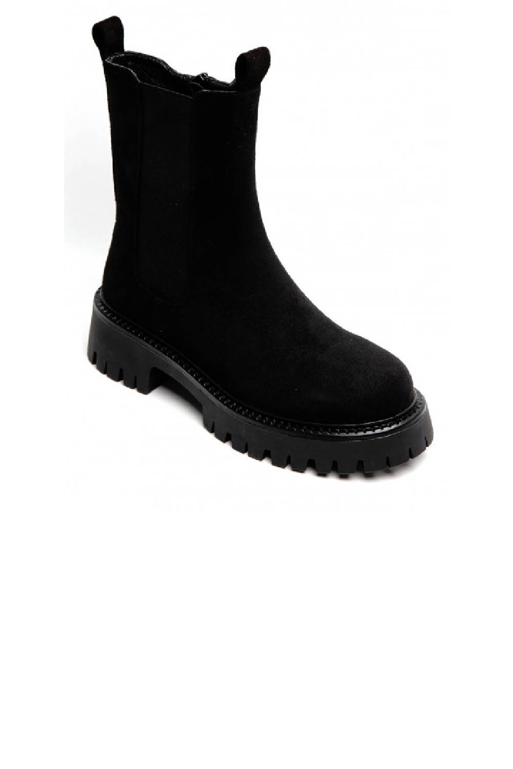 Women’s Chunky Lug-Sole Black Suede Chelsea Boots