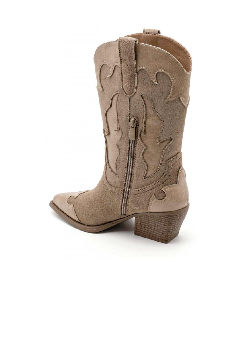 KHAKI BLOCK HEEL WESTERN COWBOY CALF ANKLE BOOTS