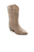 KHAKI BLOCK HEEL WESTERN COWBOY CALF ANKLE BOOTS