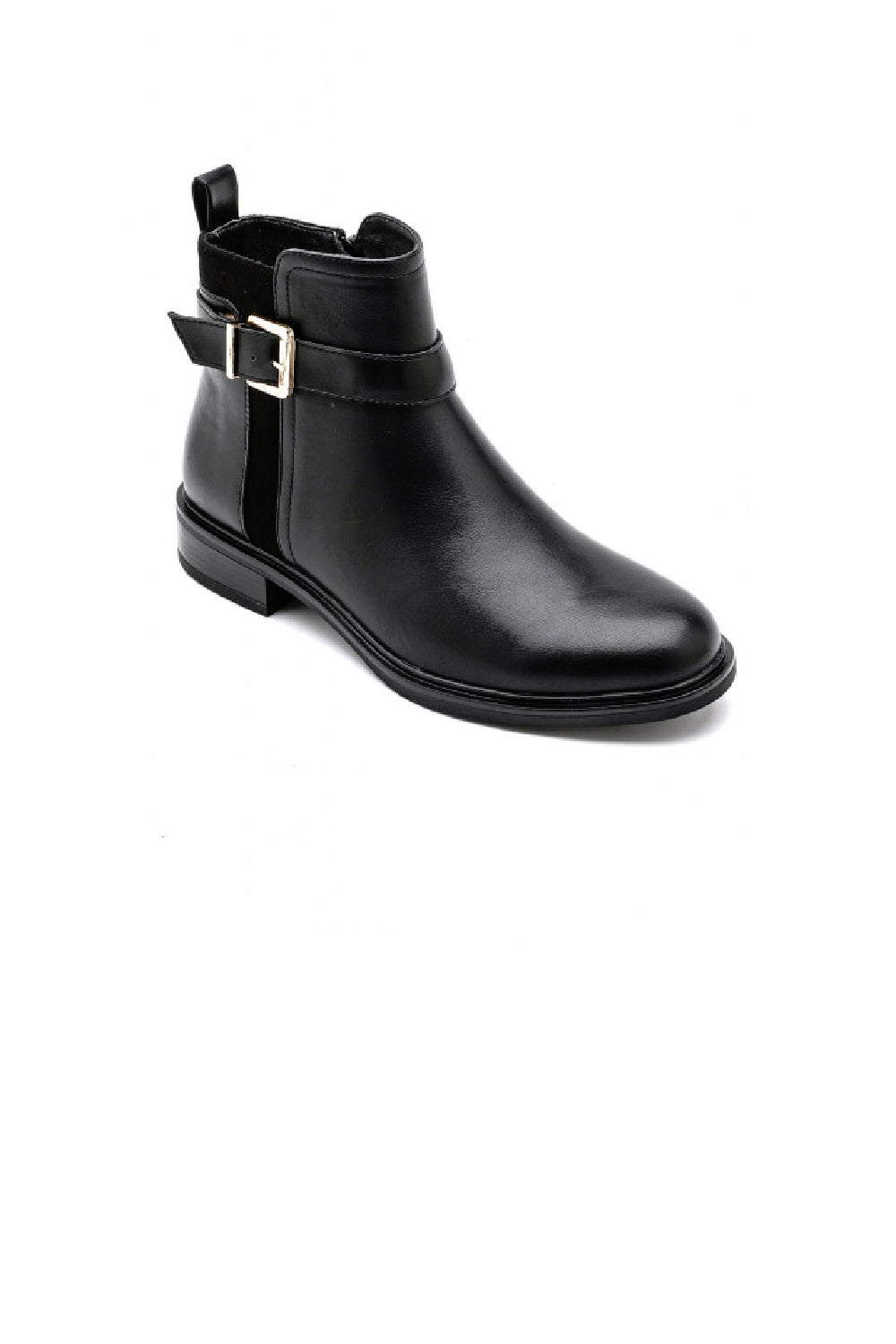 BLACK BUCKLE DETAIL FLAT CHELSEA ANKLE BOOTS