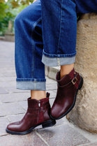 WINE RED BUCKLE DETAIL FLAT CHELSEA ANKLE BOOTS